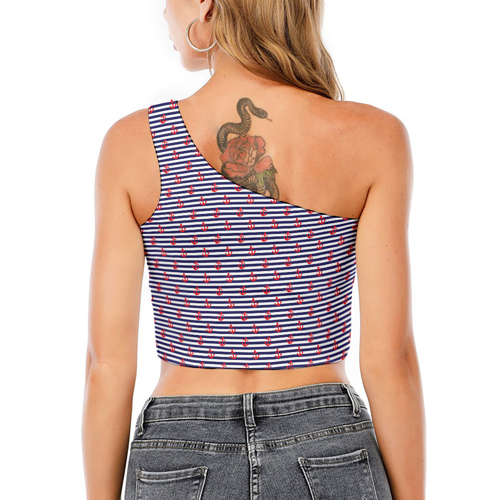 Blue Striped Nautical Anchor Print One Shoulder Crop Top