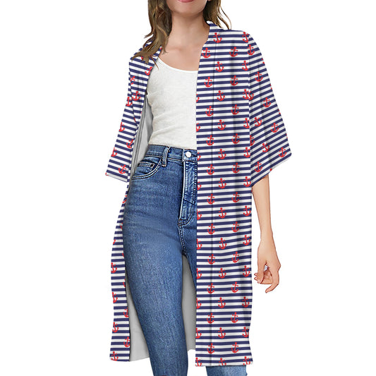 Blue Striped Nautical Anchor Print Open Front Beach Cover Up
