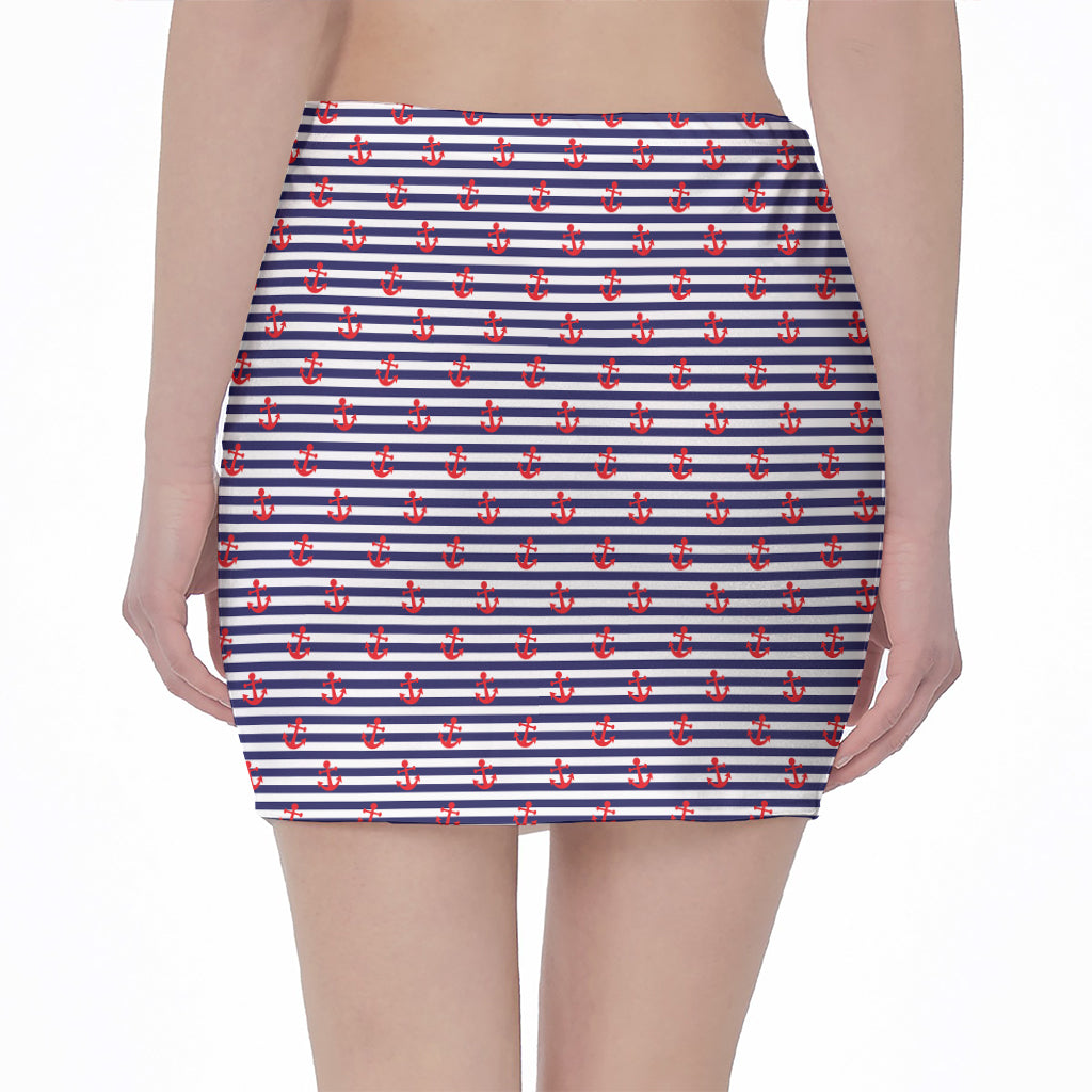 Blue Striped Nautical Anchor Print Pencil Mini Skirt