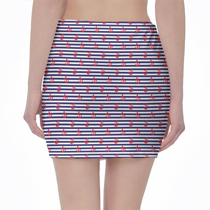 Blue Striped Nautical Anchor Print Pencil Mini Skirt