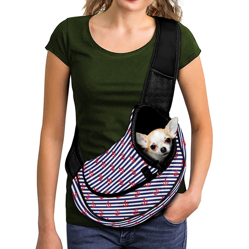 Blue Striped Nautical Anchor Print Pet Sling Carrier