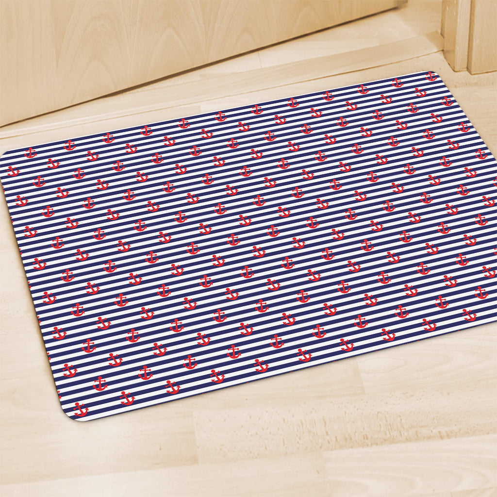Blue Striped Nautical Anchor Print Polyester Doormat