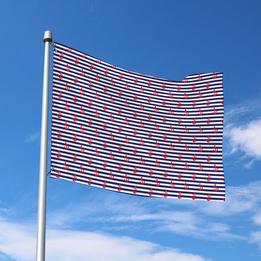 Blue Striped Nautical Anchor Print Polyester Flag