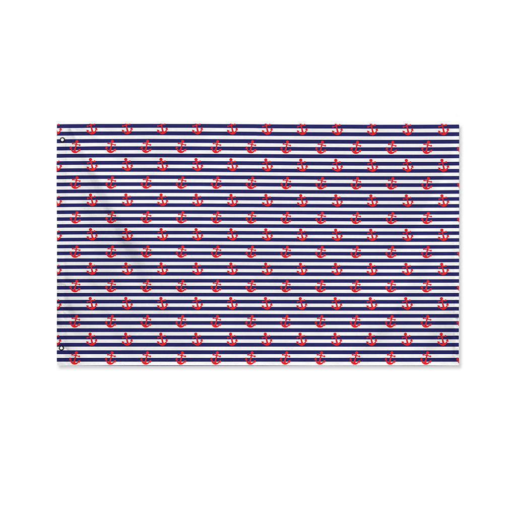Blue Striped Nautical Anchor Print Polyester Flag