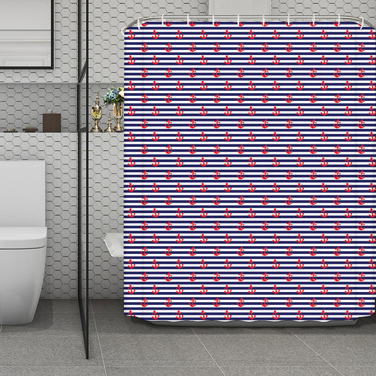 Blue Striped Nautical Anchor Print Polyester Shower Curtain