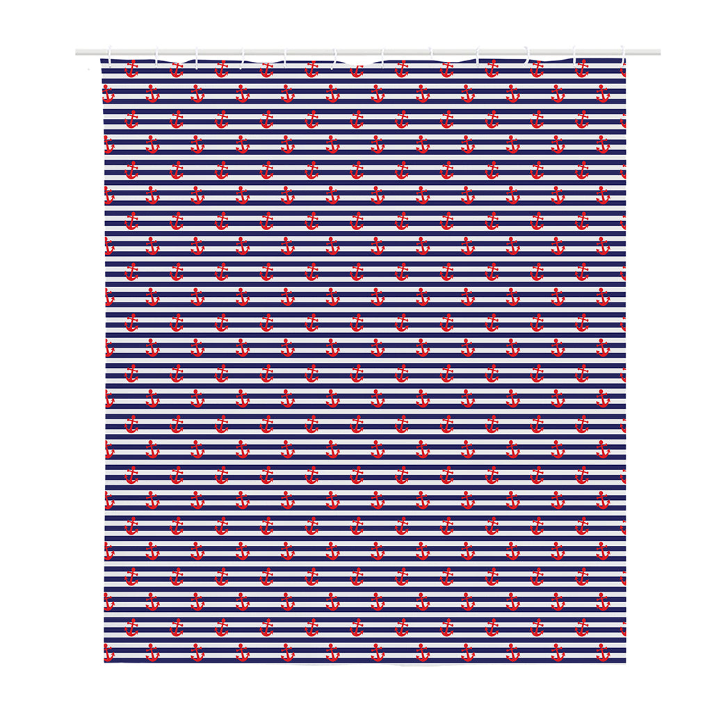 Blue Striped Nautical Anchor Print Polyester Shower Curtain