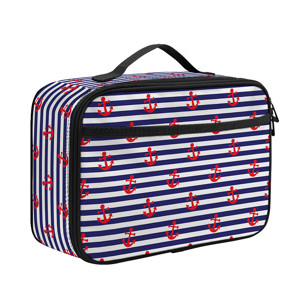 Blue Striped Nautical Anchor Print Portable Lunch Bag