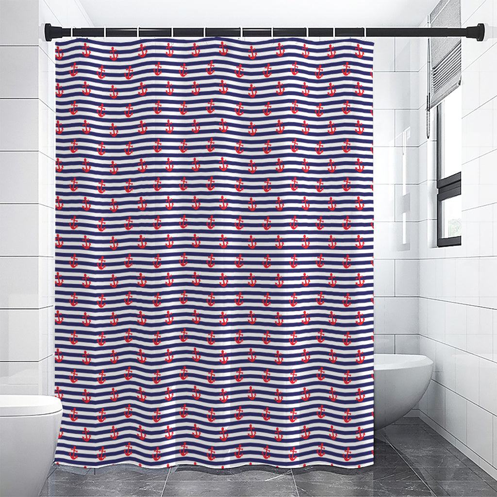 Blue Striped Nautical Anchor Print Premium Shower Curtain