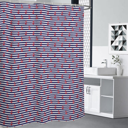 Blue Striped Nautical Anchor Print Premium Shower Curtain