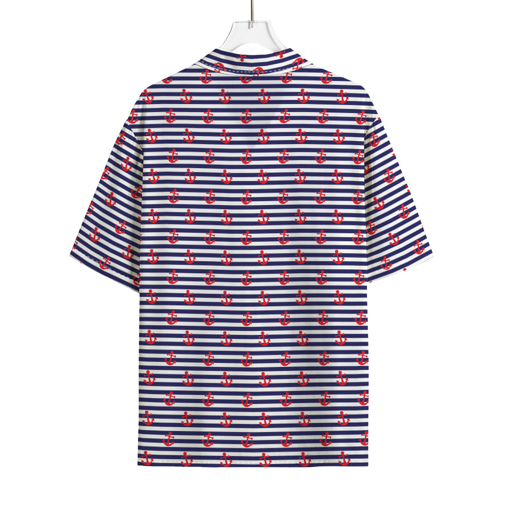 Blue Striped Nautical Anchor Print Rayon Hawaiian Shirt