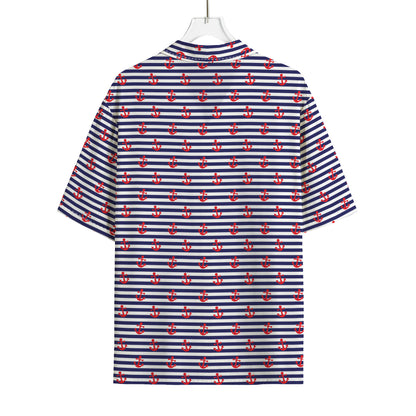 Blue Striped Nautical Anchor Print Rayon Hawaiian Shirt
