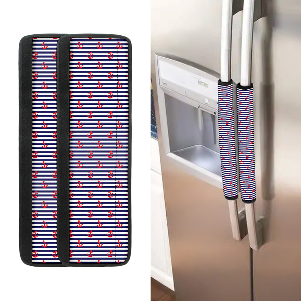 Blue Striped Nautical Anchor Print Refrigerator Handle Covers