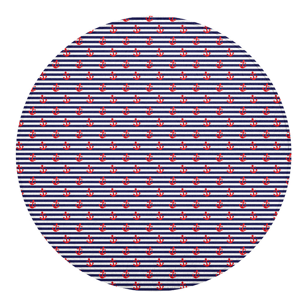 Blue Striped Nautical Anchor Print Round Blanket