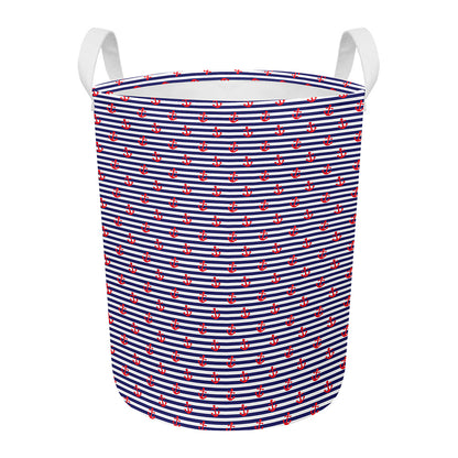 Blue Striped Nautical Anchor Print Round Laundry Basket