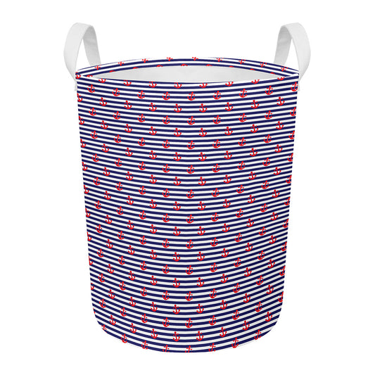 Blue Striped Nautical Anchor Print Round Laundry Basket
