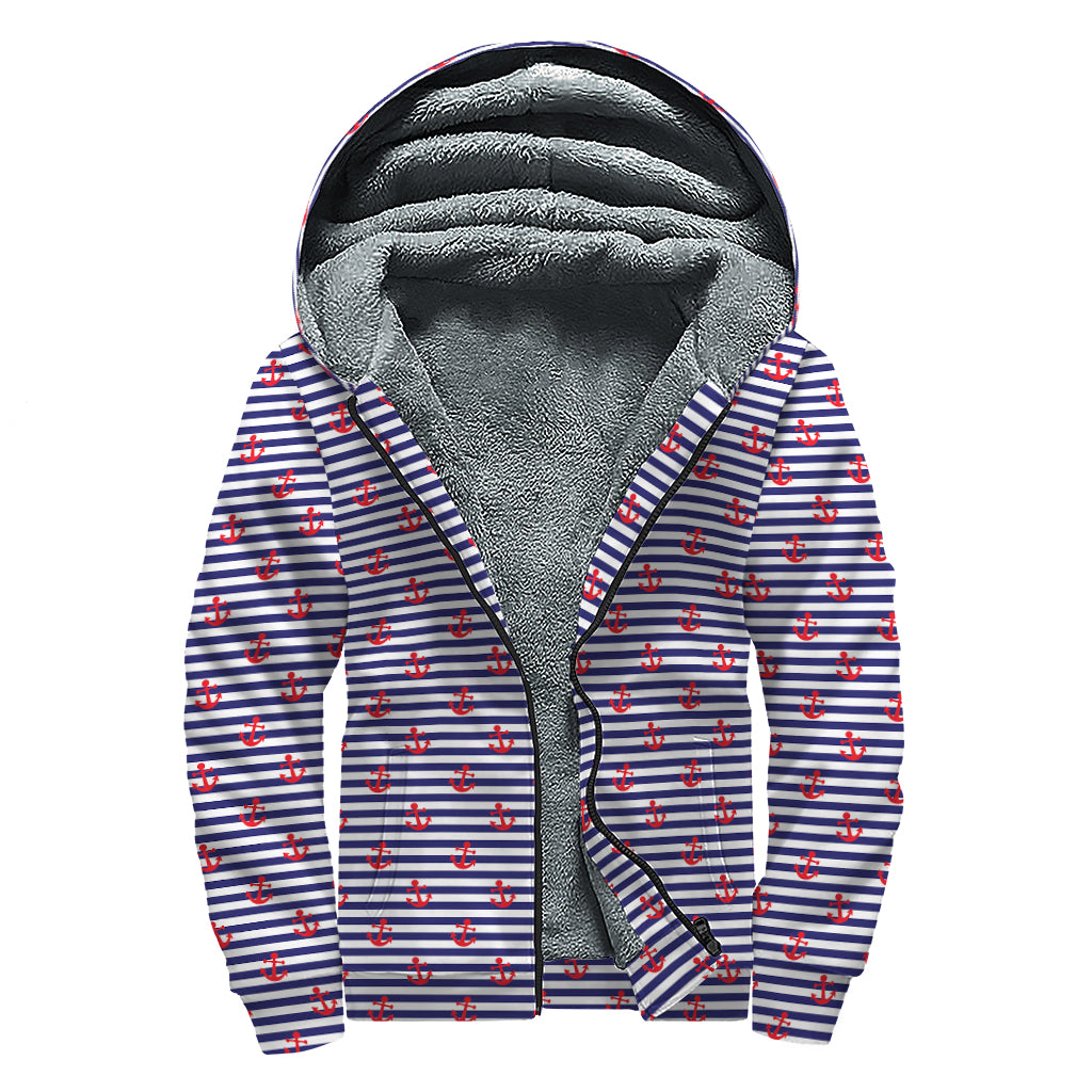 Blue Striped Nautical Anchor Print Sherpa Lined Zip Up Hoodie