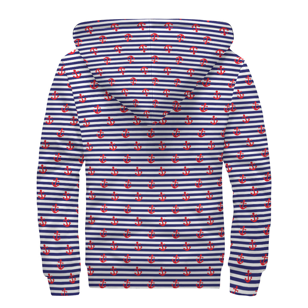 Blue Striped Nautical Anchor Print Sherpa Lined Zip Up Hoodie