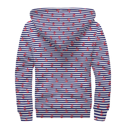 Blue Striped Nautical Anchor Print Sherpa Lined Zip Up Hoodie