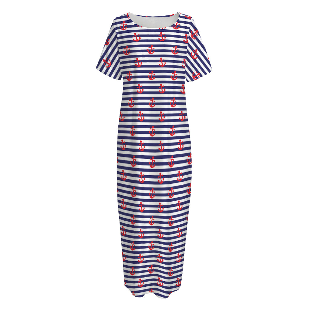 Blue Striped Nautical Anchor Print Short Sleeve Long Nightdress