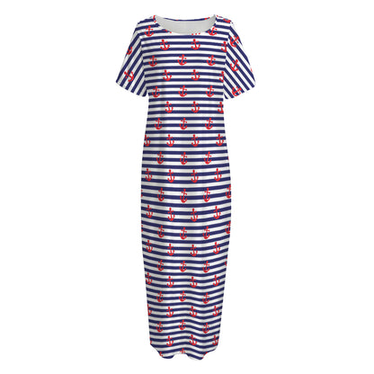 Blue Striped Nautical Anchor Print Short Sleeve Long Nightdress