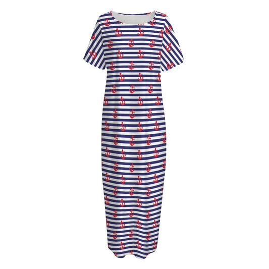 Blue Striped Nautical Anchor Print Short Sleeve Long Nightdress