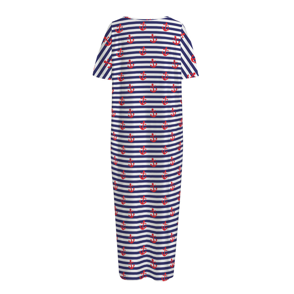 Blue Striped Nautical Anchor Print Short Sleeve Long Nightdress