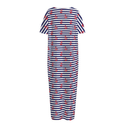 Blue Striped Nautical Anchor Print Short Sleeve Long Nightdress