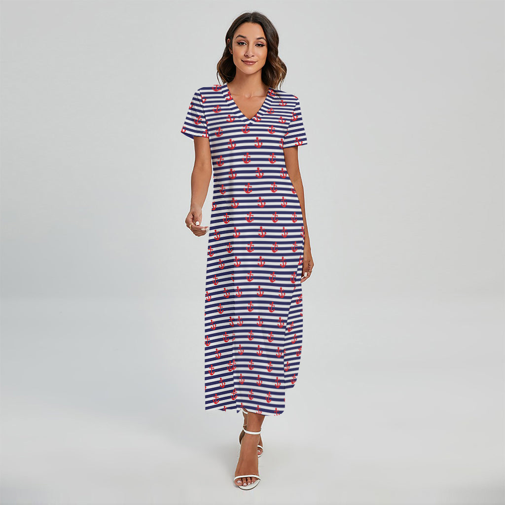 Blue Striped Nautical Anchor Print Short Sleeve Maxi Dress
