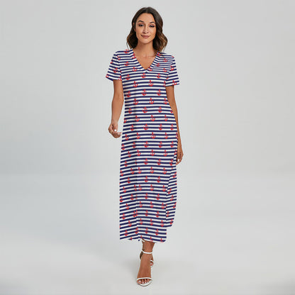 Blue Striped Nautical Anchor Print Short Sleeve Maxi Dress
