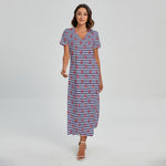 Blue Striped Nautical Anchor Print Short Sleeve Maxi Dress