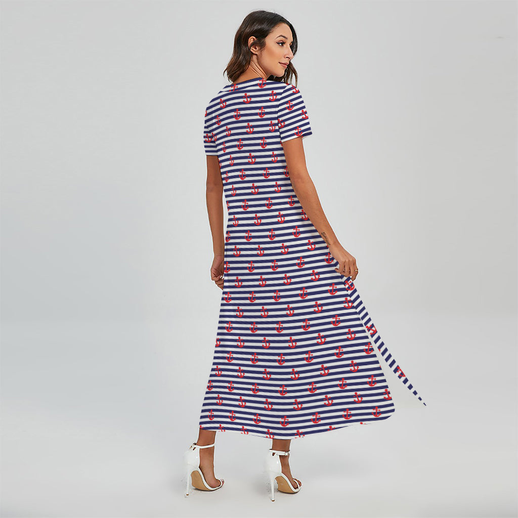 Blue Striped Nautical Anchor Print Short Sleeve Maxi Dress