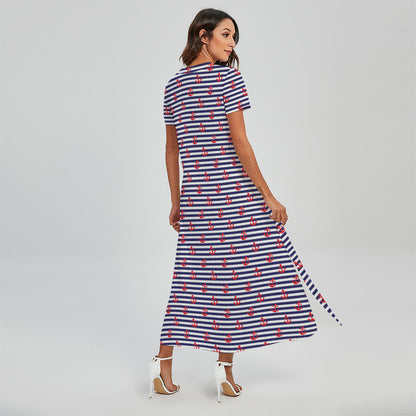 Blue Striped Nautical Anchor Print Short Sleeve Maxi Dress