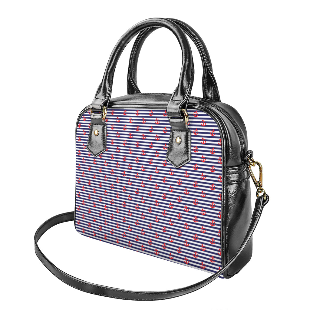 Blue Striped Nautical Anchor Print Shoulder Handbag