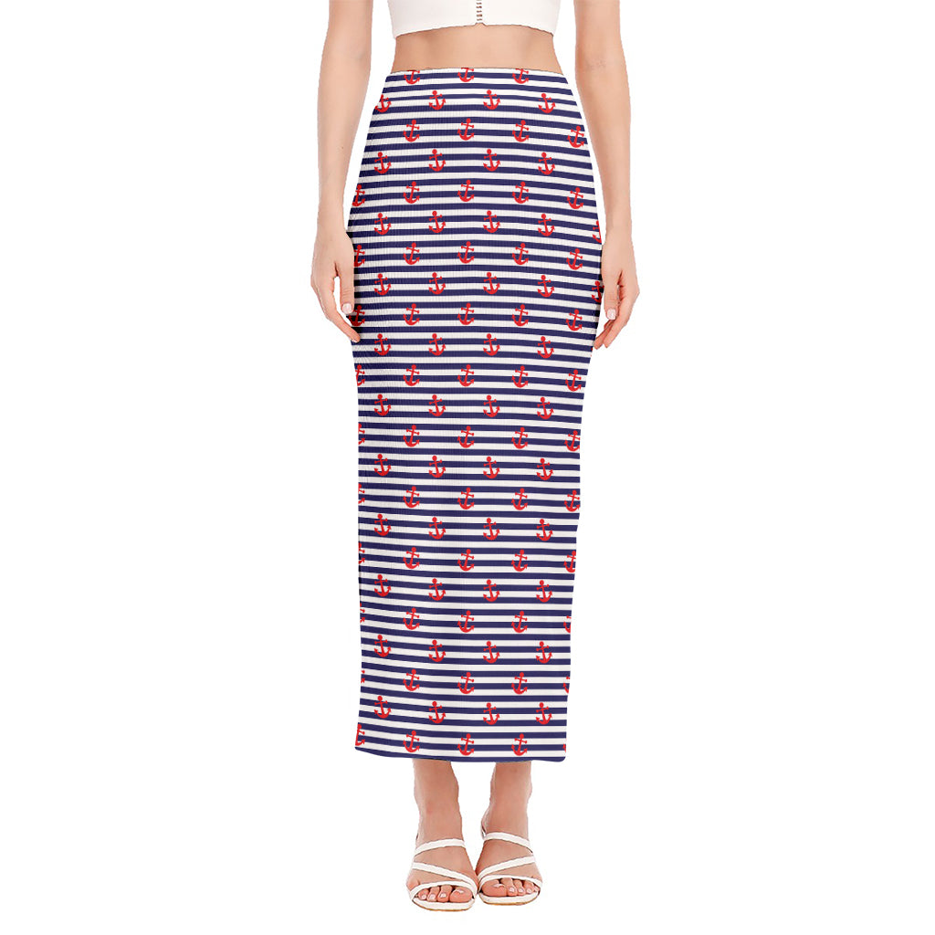 Blue Striped Nautical Anchor Print Side Slit Maxi Skirt