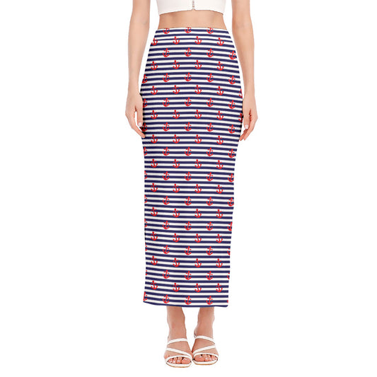 Blue Striped Nautical Anchor Print Side Slit Maxi Skirt