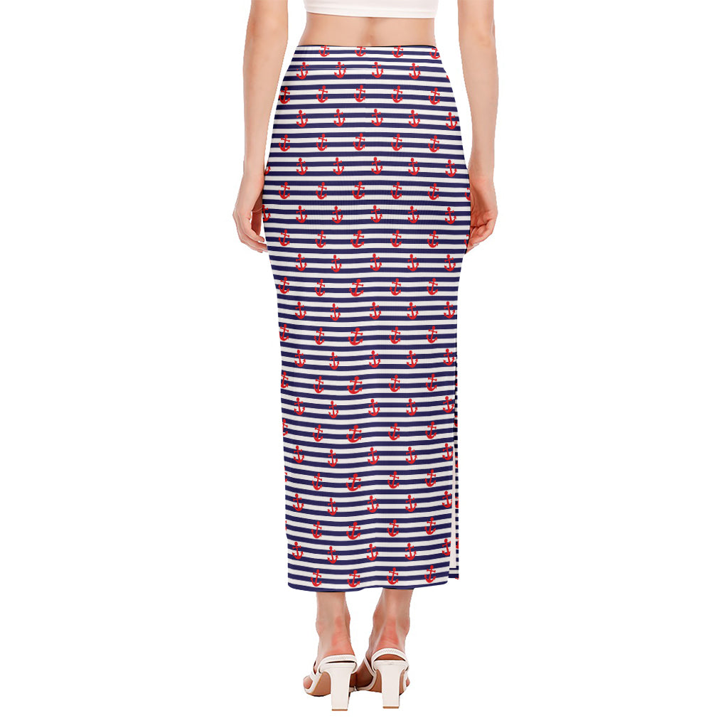 Blue Striped Nautical Anchor Print Side Slit Maxi Skirt