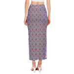Blue Striped Nautical Anchor Print Side Slit Maxi Skirt