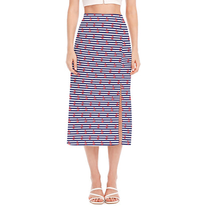 Blue Striped Nautical Anchor Print Side Slit Midi Skirt
