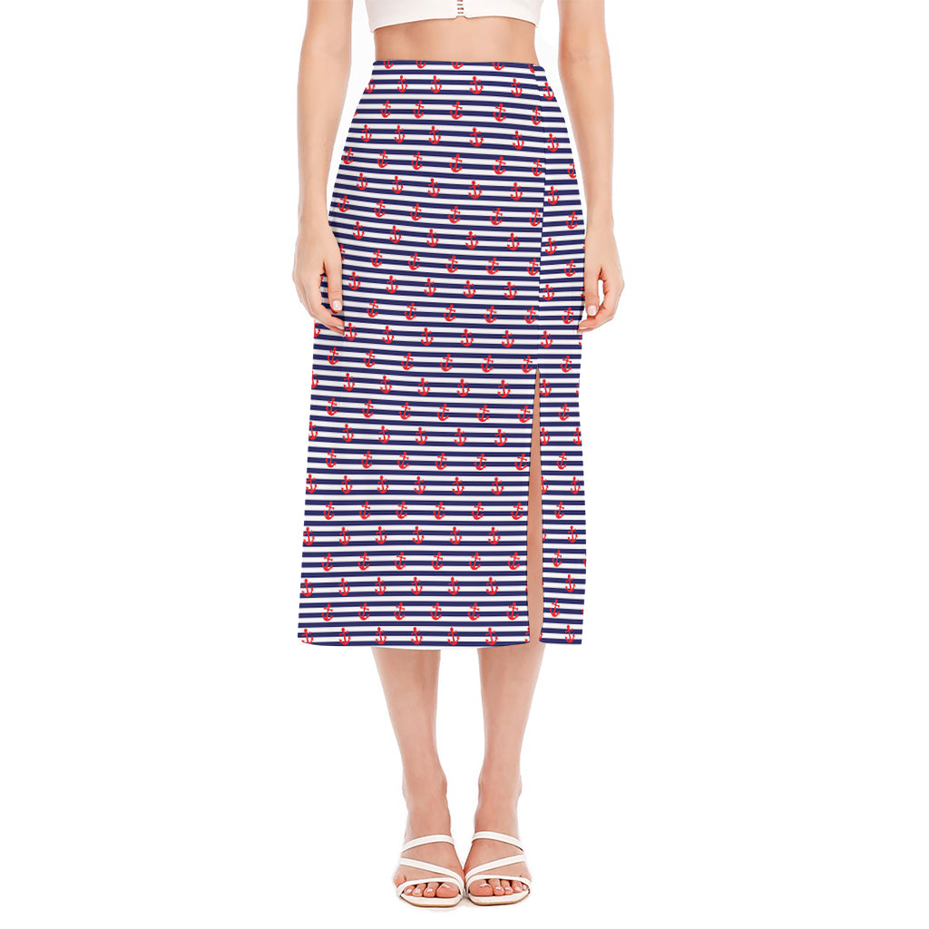 Blue Striped Nautical Anchor Print Side Slit Midi Skirt