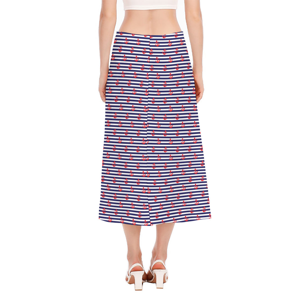 Blue Striped Nautical Anchor Print Side Slit Midi Skirt