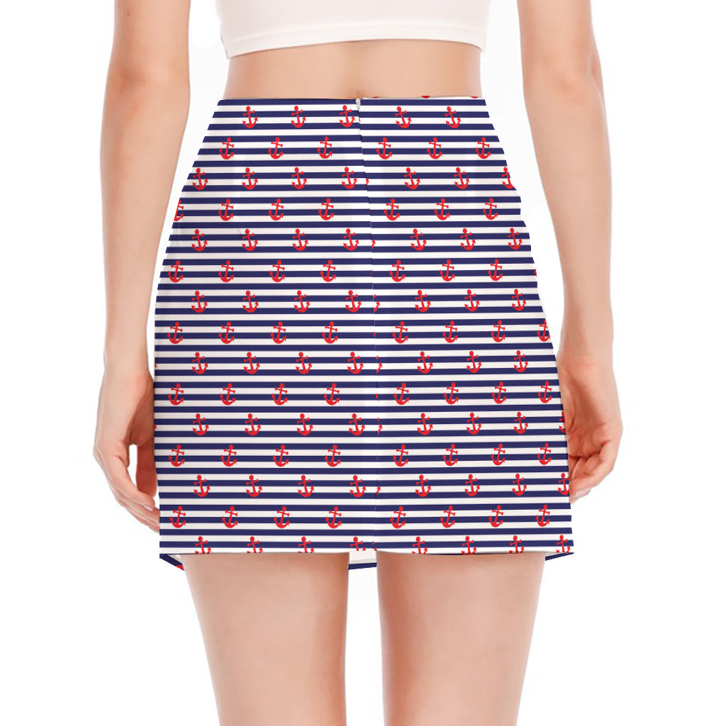 Blue Striped Nautical Anchor Print Side Slit Mini Skirt