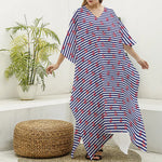 Blue Striped Nautical Anchor Print Silk V-Neck Kaftan Dress