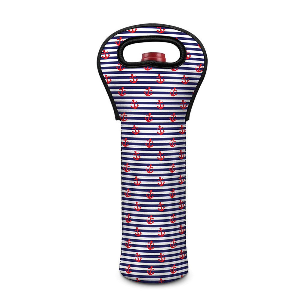 Blue Striped Nautical Anchor Print Single Neoprene Wine Tote