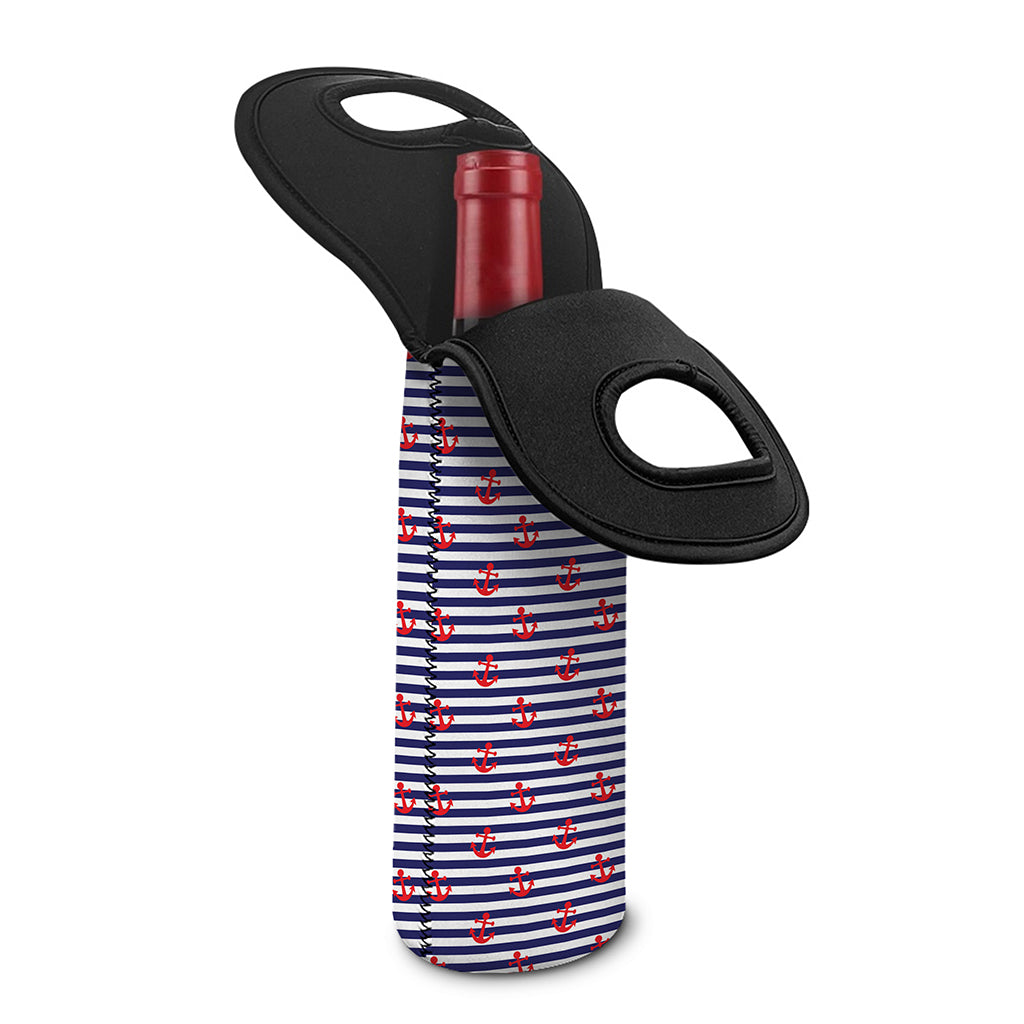 Blue Striped Nautical Anchor Print Single Neoprene Wine Tote