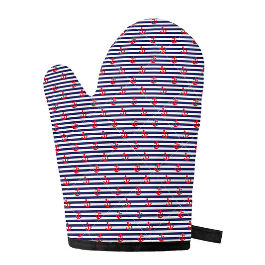 Blue Striped Nautical Anchor Print Single Oven Mitt