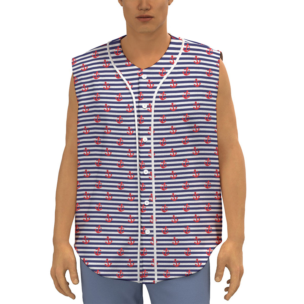 Blue Striped Nautical Anchor Print Sleeveless Baseball Jersey