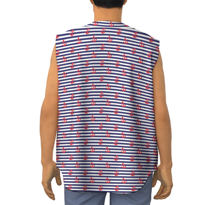 Blue Striped Nautical Anchor Print Sleeveless Baseball Jersey
