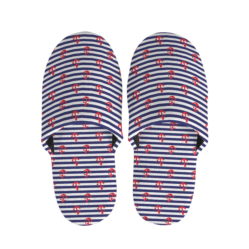 Blue Striped Nautical Anchor Print Slippers