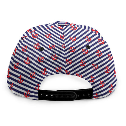 Blue Striped Nautical Anchor Print Snapback Cap