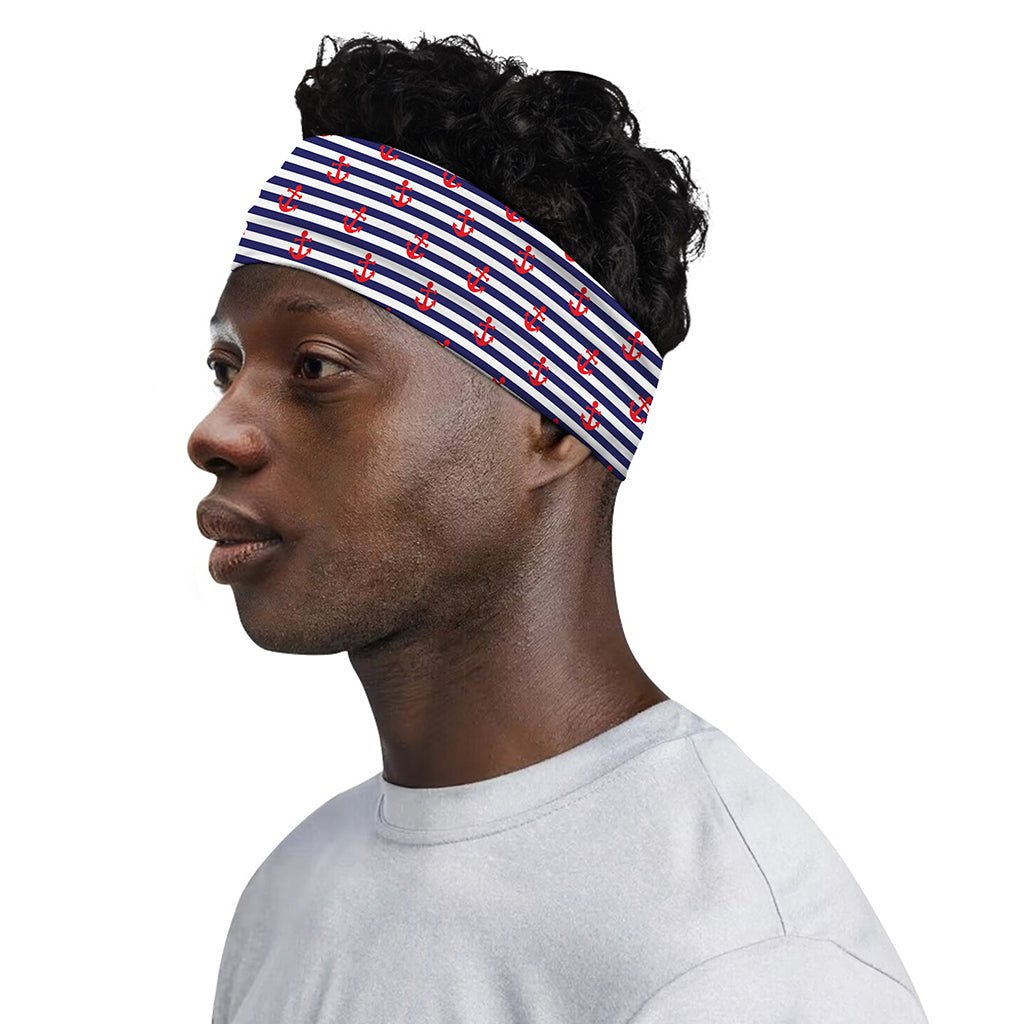 Blue Striped Nautical Anchor Print Sports Headband